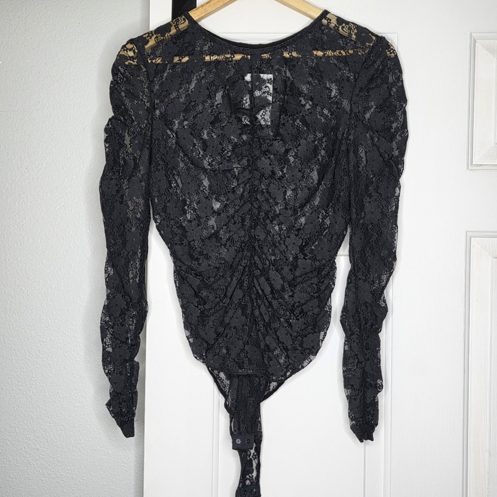 Intimately DIVIDED Lace Bodysuit Womens Size L Black Sheer Stretch Mock Neck